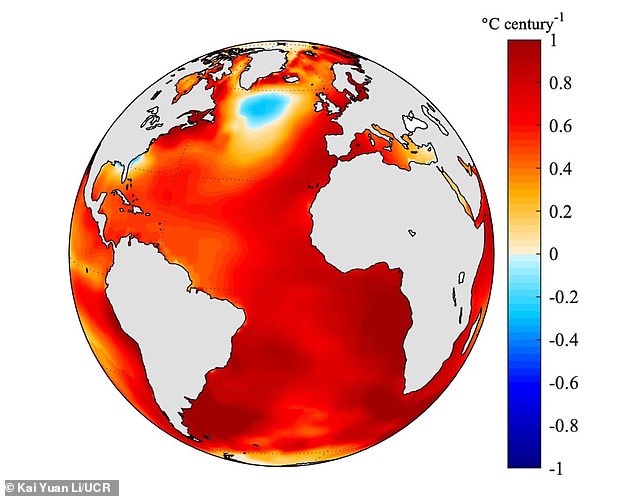 The researchers point to a strange patch of cold water south of Greenland and Iceland, about 1,000 miles wide. The blob is showed here in this image of Atlantic sea surface temperatures between 1900 and 2005 (°C)