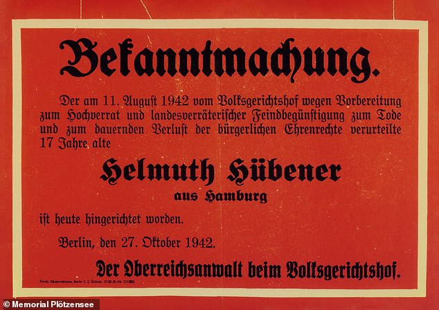 The public announcement of Hübener's execution. It claims he was 'preparing to commit high treason' and was 'aiding the enemy'
