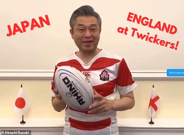 Just a few weeks into his new role, the diplomat beamed as he popped on a Japanese rugby shirt on to cheer on a game his country's team was playing against England 'at Twickers'