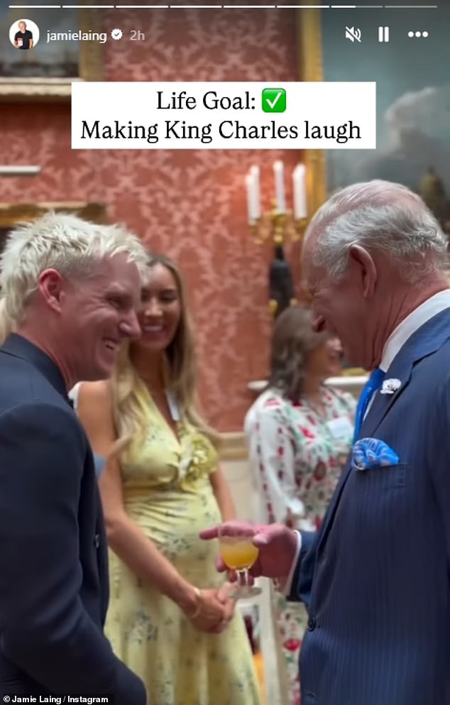 Jamie later took to his Instagram Story to share a snap laughing with the King as he penned: 'Life Goal: Making King Charles laugh'