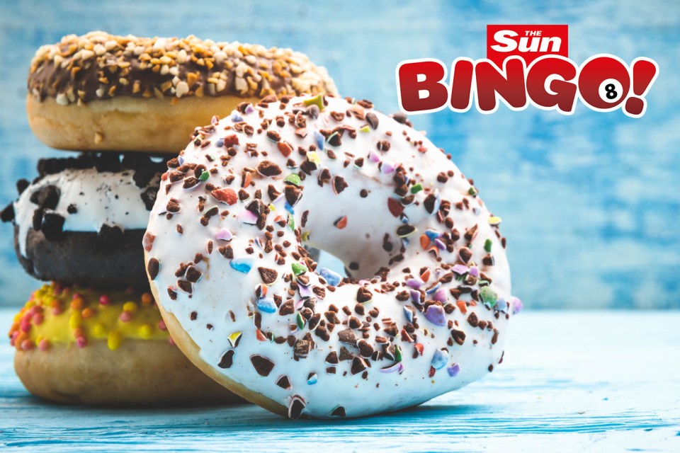 Stack of donuts with sprinkles; The Sun Bingo logo in the background.