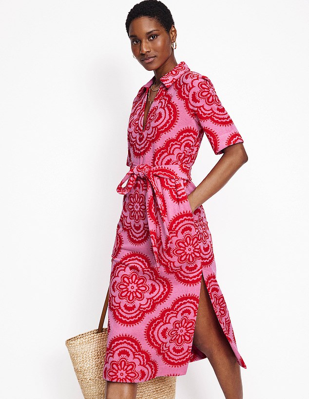 Boden’s notch-collared towelling dress (£98, boden.com) with elbow-length sleeves and a side split in a pink and red tile print is a classy alternative to the classic beach cover up