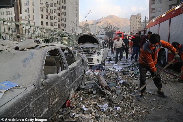 Pictured: A damaged building in the Iranian capital, Tehran, following the Israeli attack