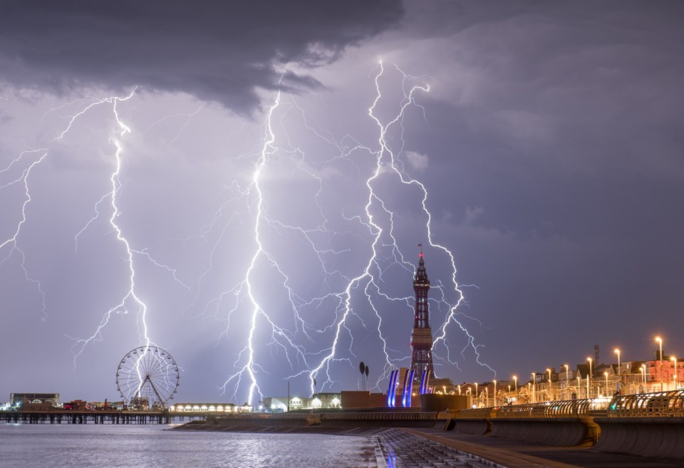 Lightning striking Blackpool Tower and the Blackpool Pleasure Beach.
