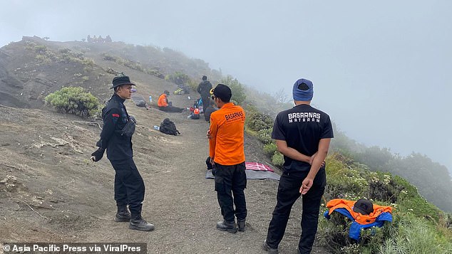 The young woman, who works as a publicist and pole dancer, screamed as she plummeted off the edge overlooking the volcano's famous crater lake. Pictured: Rescue teams involved in the search effort