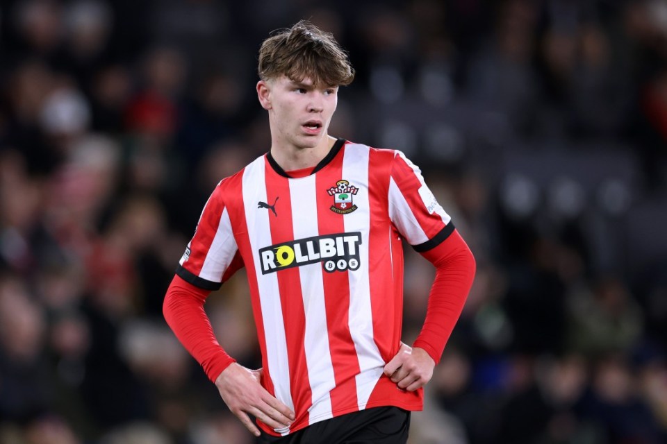 SOUTHAMPTON, ENGLAND - DECEMBER 15: Tyler Dibling of Southampton reacts during the Premier League match between Southampton FC and Tottenham Hotspur FC at St Mary's Stadium on December 15, 2024 in Southampton, England. (Photo by Dan Istitene/Getty Images)
