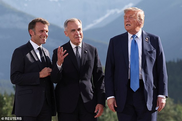 Donald Trump (pictured right) slammed 'publicity seeking' French President Emmanuel Macron (pictured left) for suggesting he left the G7 Summit in Canada to negotiate a ceasefire deal between Israel and Iran