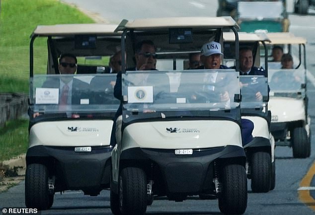 On a day he was feuding with former first buddy, Trump toured golf courses at Joint Base Andrews, Maryland