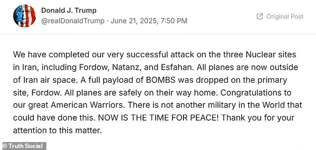 President Donald Trump announced a little before 8 p.m. Saturday that the United States had dropped bombs on three nuclear sites in Iran - after on Thursday giving himself two weeks to make a decision on whether the U.S. would join Israel's war with the Islamic regime