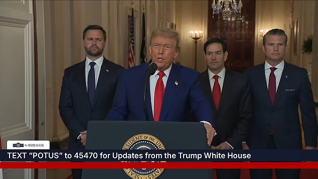 President Donald Trump (center left) gave brief remarks about the U.S.'s strikes in Iran alongside (from left) Vice President J.D. Vance, Secretary of State Marco Rubio and Defense Secretary Pete Hegseth