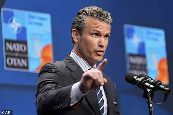 Defence Secretary Pete Hegseth gestures during a media conference at the end of the NATO summit in The Hague, Netherlands, Wednesday, June 25, 2025. (AP Photo/Alex Brandon)