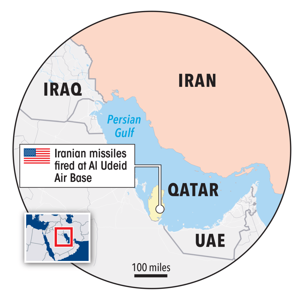 Map showing Iranian missile attack on Al Udeid Air Base in Qatar.