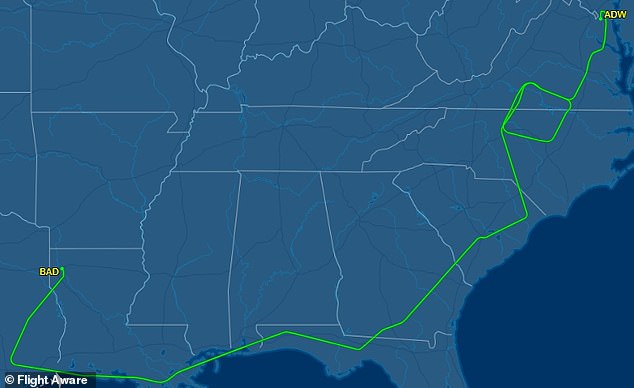 The craft took off from Shreveport at 5:56pm ET, traveled along the coast, looped around the border of Virginia and North Carolina , before landing at Joint Base Andrews at 10:01pm