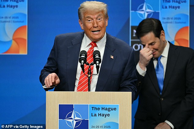 President Donald Trump (left) appeared to like being called 'daddy' as he was referred to at Wednesday's NATO Summit in the Hague by Secretary General Mark Rutte. Secretary of State Marco Rubio (right) broke character when asked about Rutte's 'daddy' comment