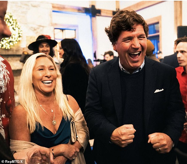 Marjorie Taylor Greene (pictured left) backed Tucker Carlson (pictured right) in his feud with Donald Trump over the president's stance on Iran after Trump called the former Fox News host 'kooky' and mocked his independent show