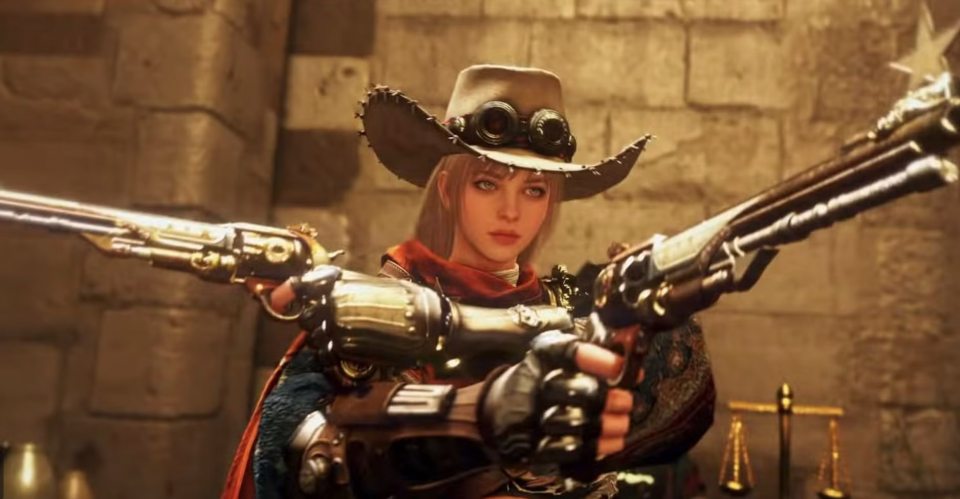 A female character in Black Desert Online, wearing a cowboy hat and goggles, aims dual pistols.