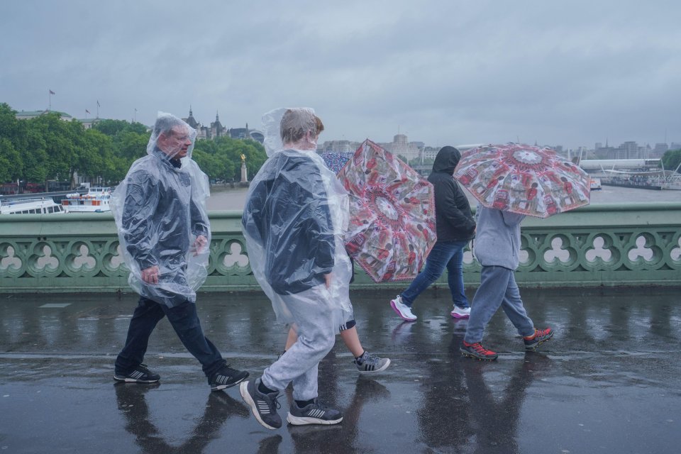 Pedestrians in rain ponchos and with umbrellas walking on a bridge in London.
