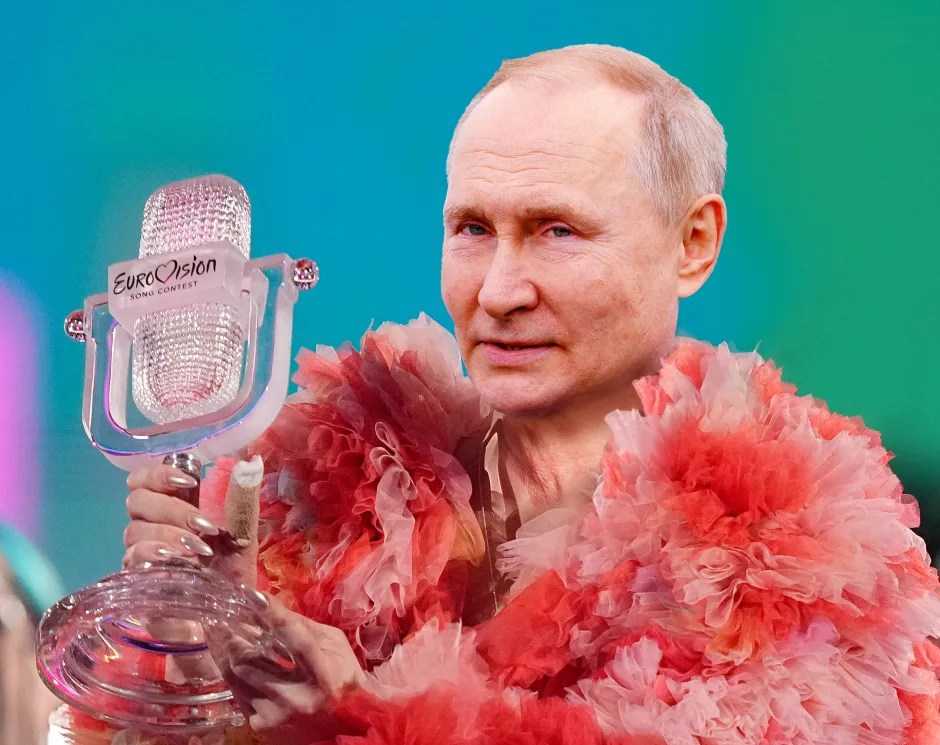 Illustration of Vladimir Putin holding a Eurovision Song Contest trophy while wearing a pink fluffy garment.