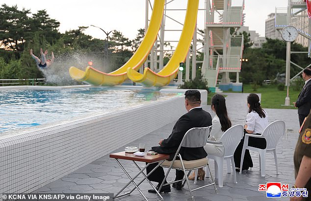 This picture taken on June 24, 2025 and released by North Korea's official Korean Central News Agency (KCNA) on June 26, 2025 shows North Korean leader Kim Jong Un (L), his daughter Kim Ju Ae (2nd L) and his wife Ri Sol Ju (3rd L) visiting the Wonsan Kalma coastal tourist area in Kangwon Province, North Korea