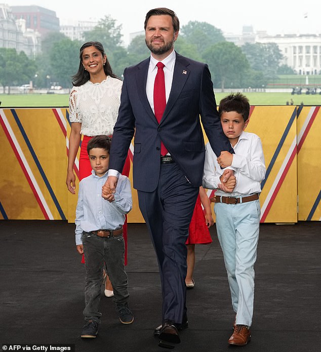 Usha Vance (left) walks onstage at the Army's 250th anniversary parade earlier this month alongside (from left) son Vivek, Vice President J.D. Vance and son Ewan. Daughter Mirabel walks along her side