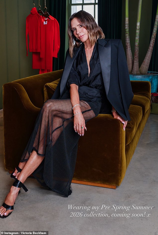 Victoria put on an eye-catching display in a sheer black lace skirt and a satin blazer as she posed for snaps at the party