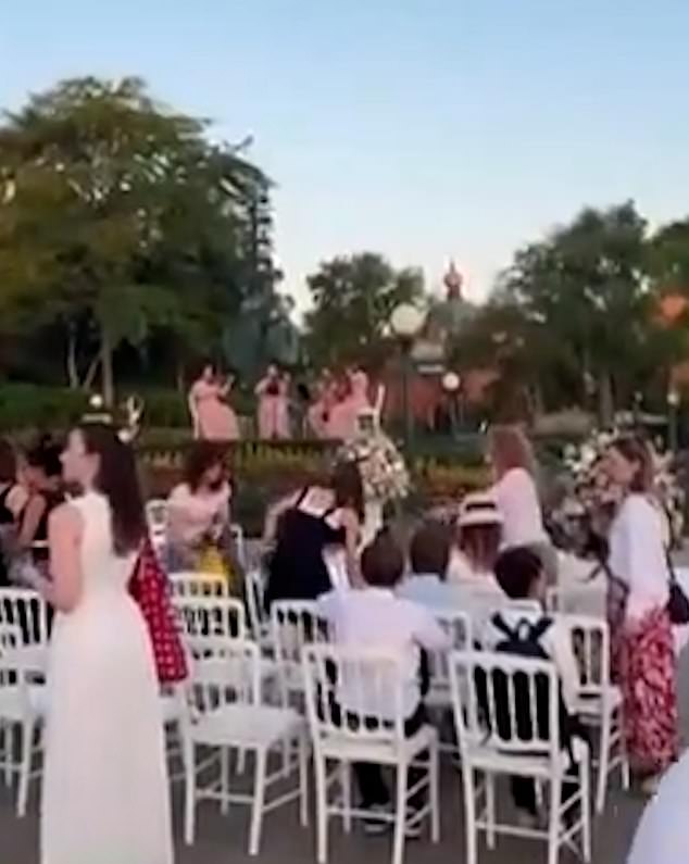 Around 100 seated guests were seen waiting for an alleged 'wedding' between a 22-year-old Brit and nine-year-old girl at Disneyland Paris this weekend, which French prosecutors have dismissed as fake