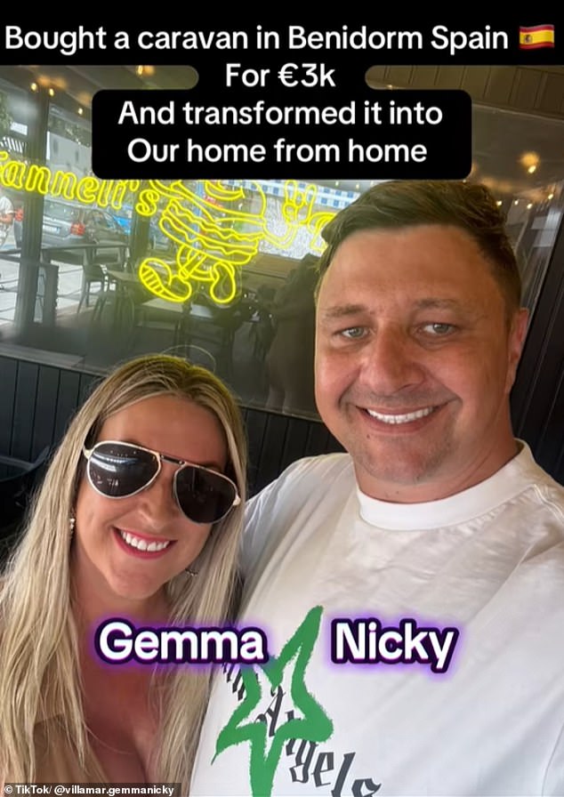 British couple Gemma and Nicky (pictured) have ditched living in the UK full-time to live in a caravan in Benidorm