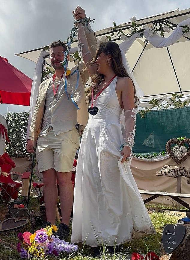 A couple have tied the knot at Glastonbury in a unique 'handfasting' ceremony - with the rest of the music event being their honeymoon