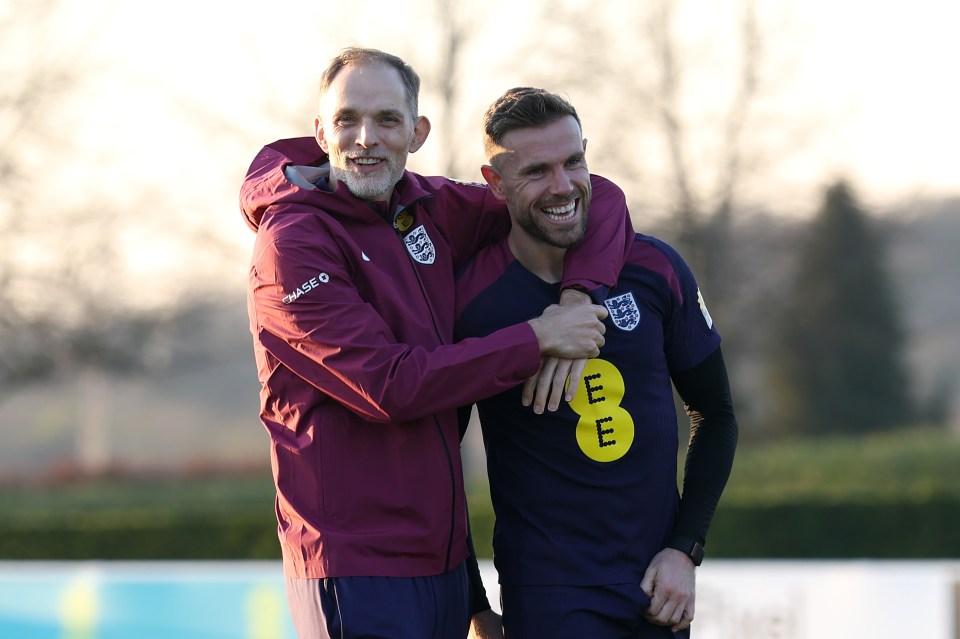 Thomas Tuchel and Jordan Henderson at an England training session.