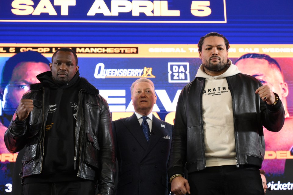 Boxers Dillian Whyte and Joe Joyce with promoter Frank Warren at a press conference.