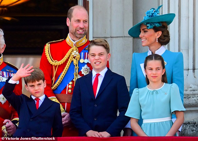 The Prince and Princess of Wales and their three children were among the 15 members of the Royal Family to take to the Buckingham Palace balcony on Saturday