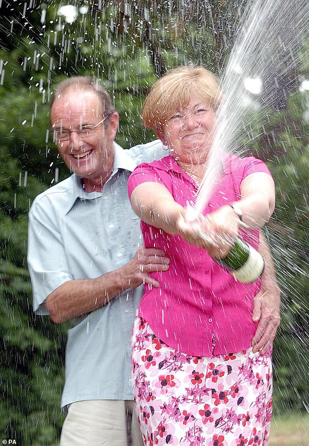 Baker Keith Gough and his wife Louise, from Bridgenorth in Shropshire, are pictured celebrating a £9million Lotto windfall in June 2005 - he died five years later aged 58