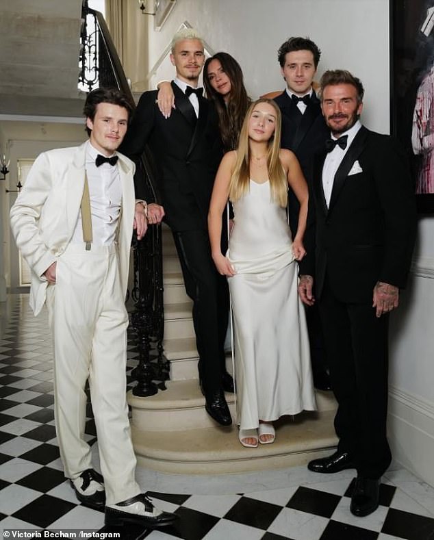 Sir David (right) and Victoria (third from left) were furious when their eldest son and his wife Nicola Peltz didn't contact Harper when they visited London for a photoshoot with French-Italian label Moncler last month