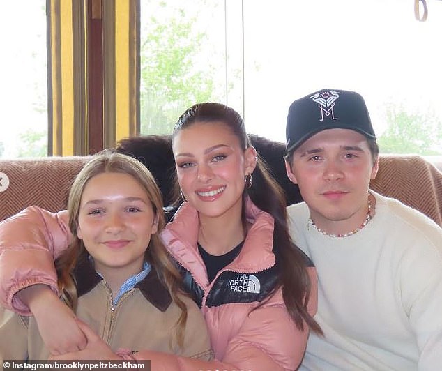 Harper Beckham (left) is preparing for her upcoming 14th birthday, but her parents are deeply worried her big brother Brooklyn (right) won't be in touch to send his best wishes amid the rift that has torn the family apart (Pictured with Nicola Peltz)