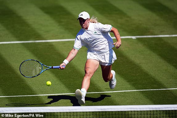 Sonay Kartal during her match against Jelena Ostapenko on day one of the 2025 Wimbledon Championships at the All England Lawn Tennis and Croquet Club, London. Picture date: Monday June 30, 2025. PA Photo. Photo credit should read: Mike Egerton/PA Wire.RESTRICTIONS: Editorial use only. No commercial use without prior written consent of the AELTC. Still image use only - no moving images to emulate broadcast. No superimposing or removal of sponsor/ad logos.