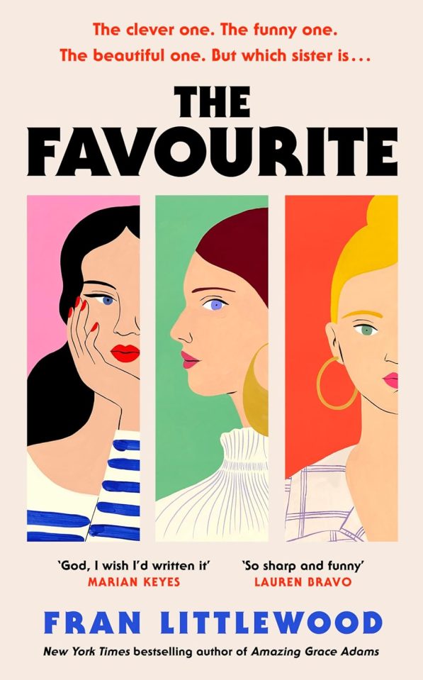 Illustration of book cover for "The Favourite" by Fran Littlewood, featuring three stylized portraits of women.