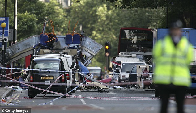The rear of the bus destroyed by an explosion at Tavistock Square near Euston Station, London