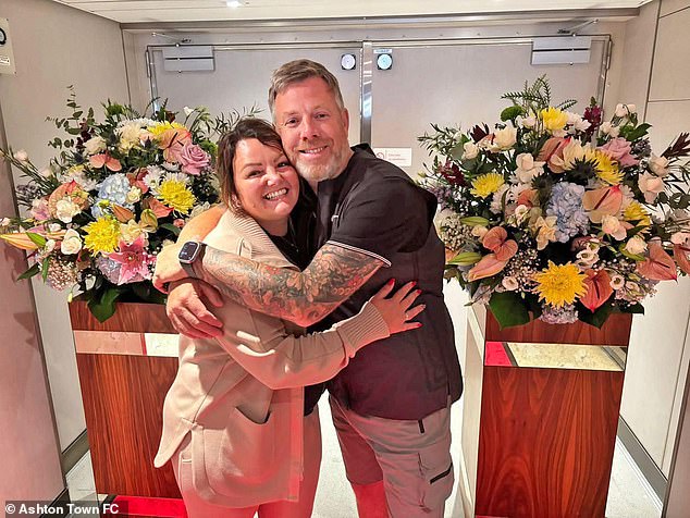 Debra Wright, pictured with her husband and chairman of Ashton Town FC Chris, tragically died in a jet ski smash in Spain on Saturday