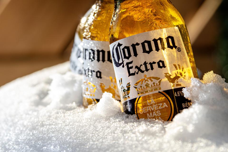 Corona Extra beers in the snow.