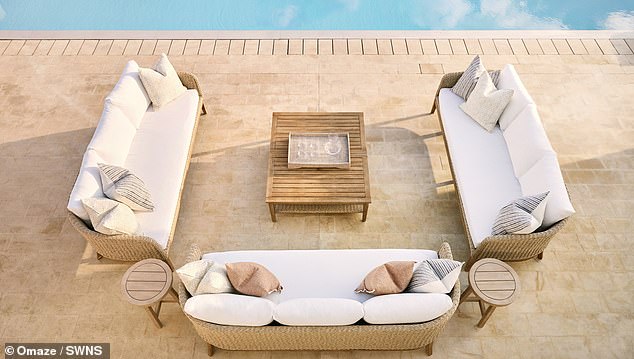 The terrace itself connects to a heated outdoor swimming pool, framed by stone decking complete with its own changing room and shower facilities