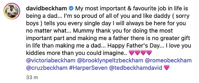 It comes after David told his children 'I will always be there, no matter what' in an emotional Father's Day Instagram post on Sunday amid their ongoing family fallout