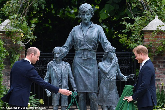 William and Harry unveil a statue of their mother in the Sunken Garden at Kensington Palace on July 1, 2021, which would have been her 60th birthday