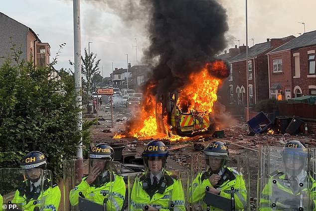 A police van was set on fire near a mosque in Southport during the rioting that followed last year