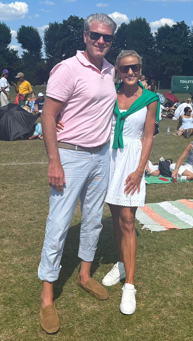 Elsewhere in Queue Village, Aaron and Anna-Marie (pictured) from Florida donned classic Wimbledon whites and lounged in the sun