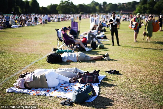 Tennis fans protect themselves from the sun as they queued for tickets under the blistering sun