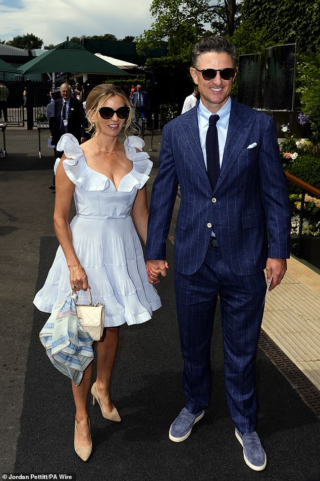 While pro golfer Justin Rose looked sharp in a blue pinstripe suit while attending with wife Kate, who was chic in a pale ruffled mini dress
