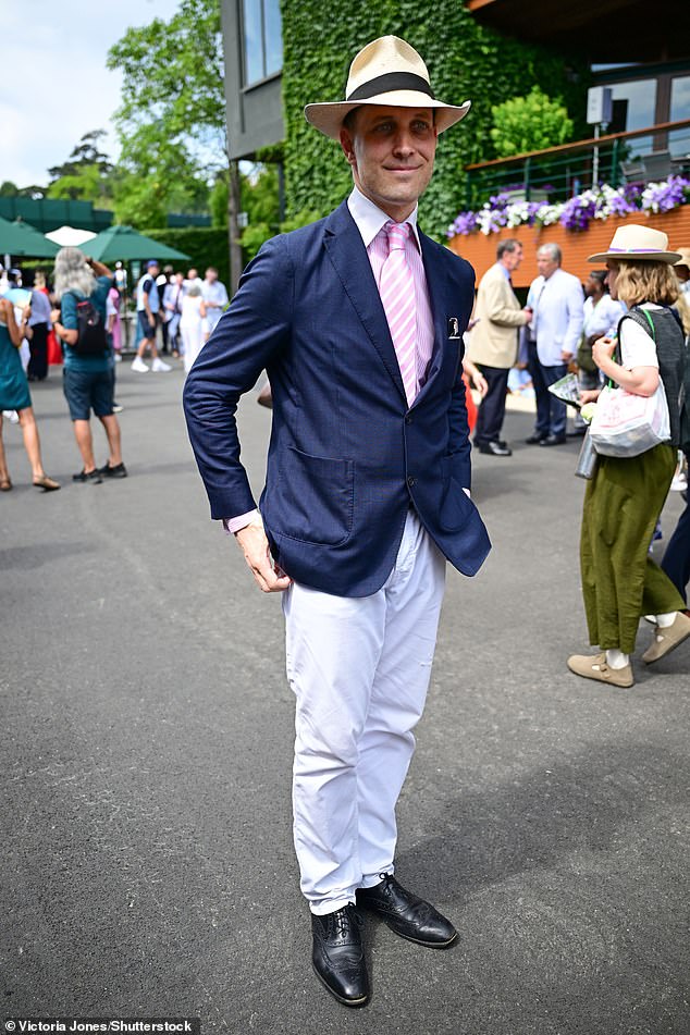 While Lord Frederick Windsor looked smart in a navy blazer teamed with a pink shirt and tie, complete with a straw hat