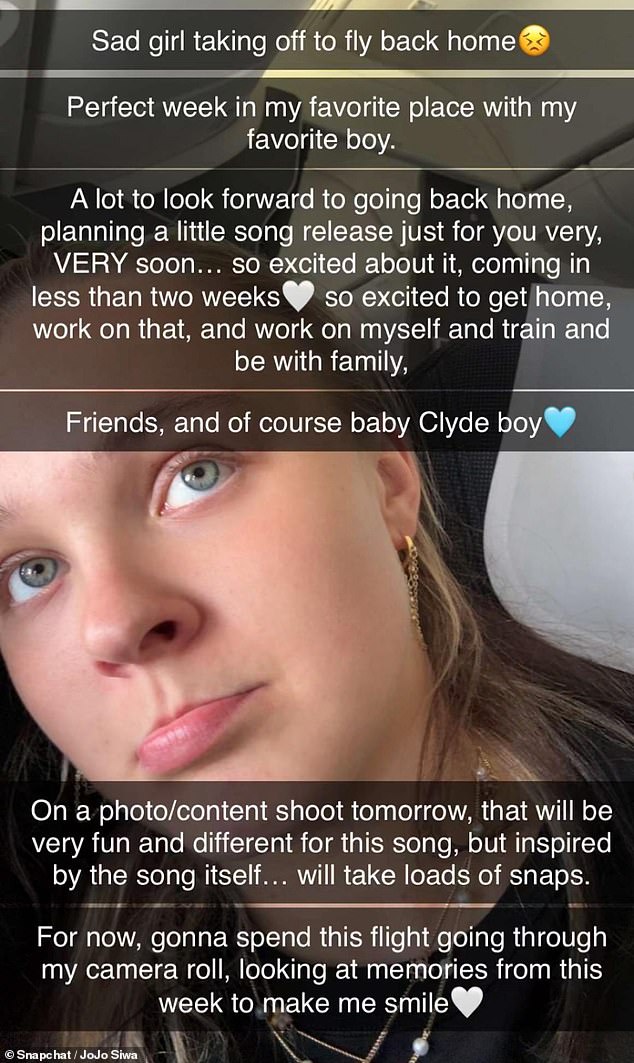 JoJo shared a lengthy Snapchat post ahead of flying back to the US on Sunday, admitting that whle she was sad to be leaving the UK, she was excited to work on new music