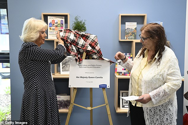 Camilla opted for a smart polka-dotted dress and court shoes for the engagement at Ratho Library