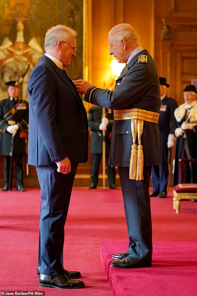 The Reverend Kenneth MacKenzie, from Ballater, Domestic Chaplain to The King and Minister of the Parish of Braemar and Crathie, is made a Lieutenant of the Royal Victorian Order by King Charles III during an investiture ceremony